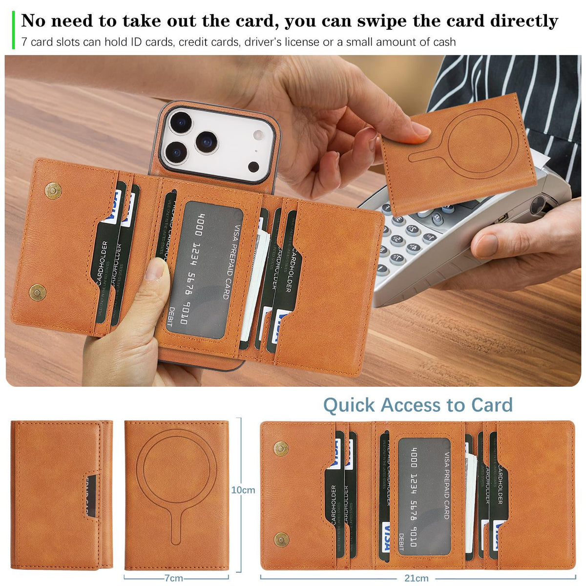 Compatible with iPhone 18 Pro Max Kalebol Strong Magnetic MagSafe Tri-Fold Wallet Leather Phone Case - Brown