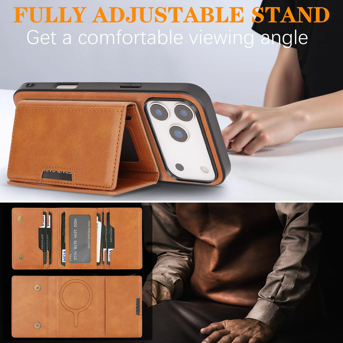 Compatible with iPhone 18 Pro Max Kalebol Strong Magnetic MagSafe Tri-Fold Wallet Leather Phone Case - Brown