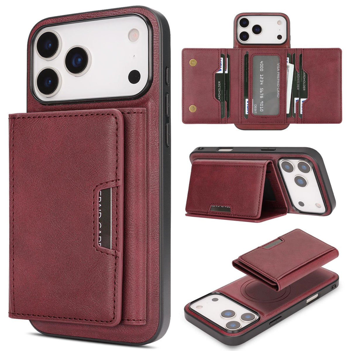 Compatible with iPhone 18 Pro Max Kalebol Strong Magnetic MagSafe Tri-Fold Wallet Leather Phone Case - Red