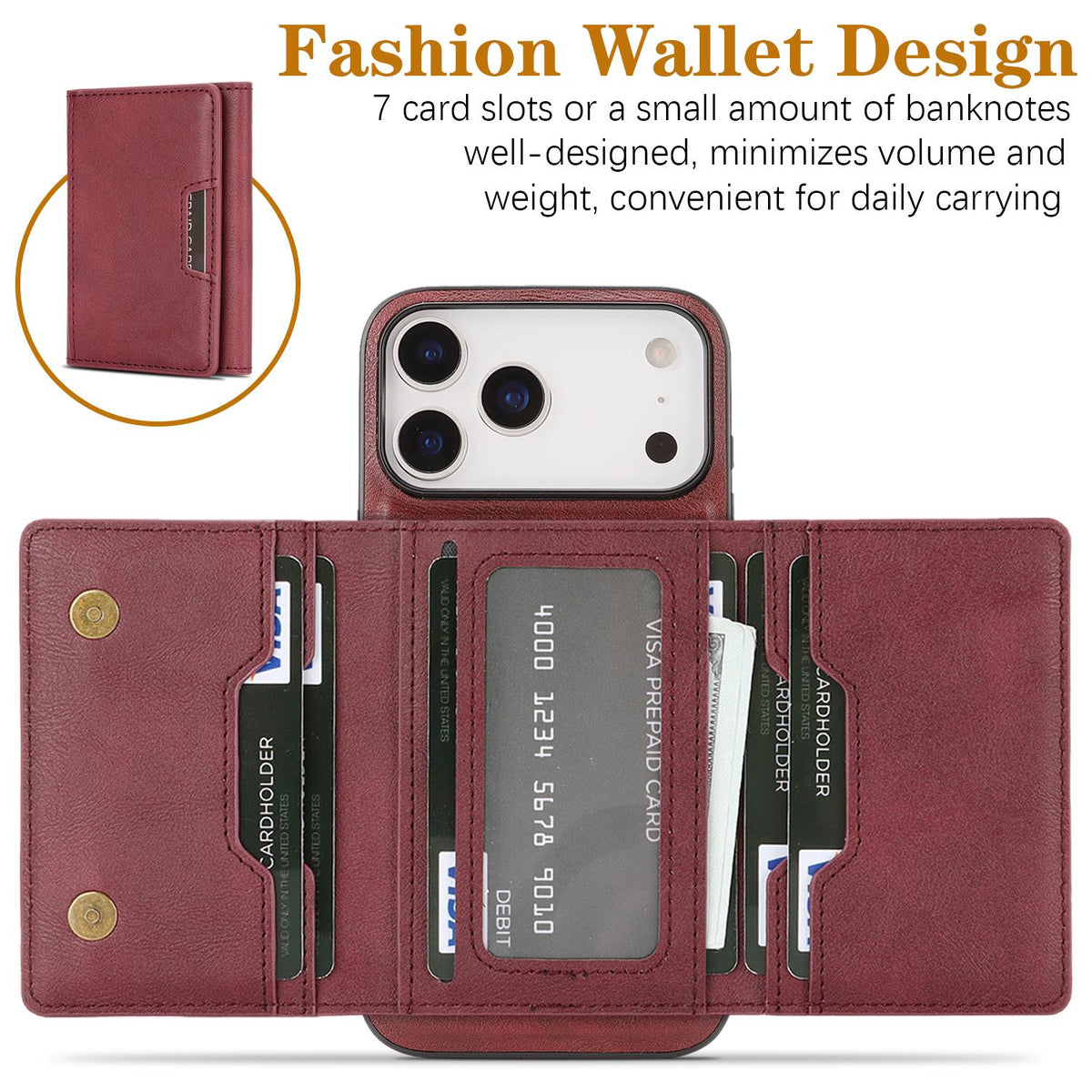 Compatible with iPhone 18 Pro Max Kalebol Strong Magnetic MagSafe Tri-Fold Wallet Leather Phone Case - Red