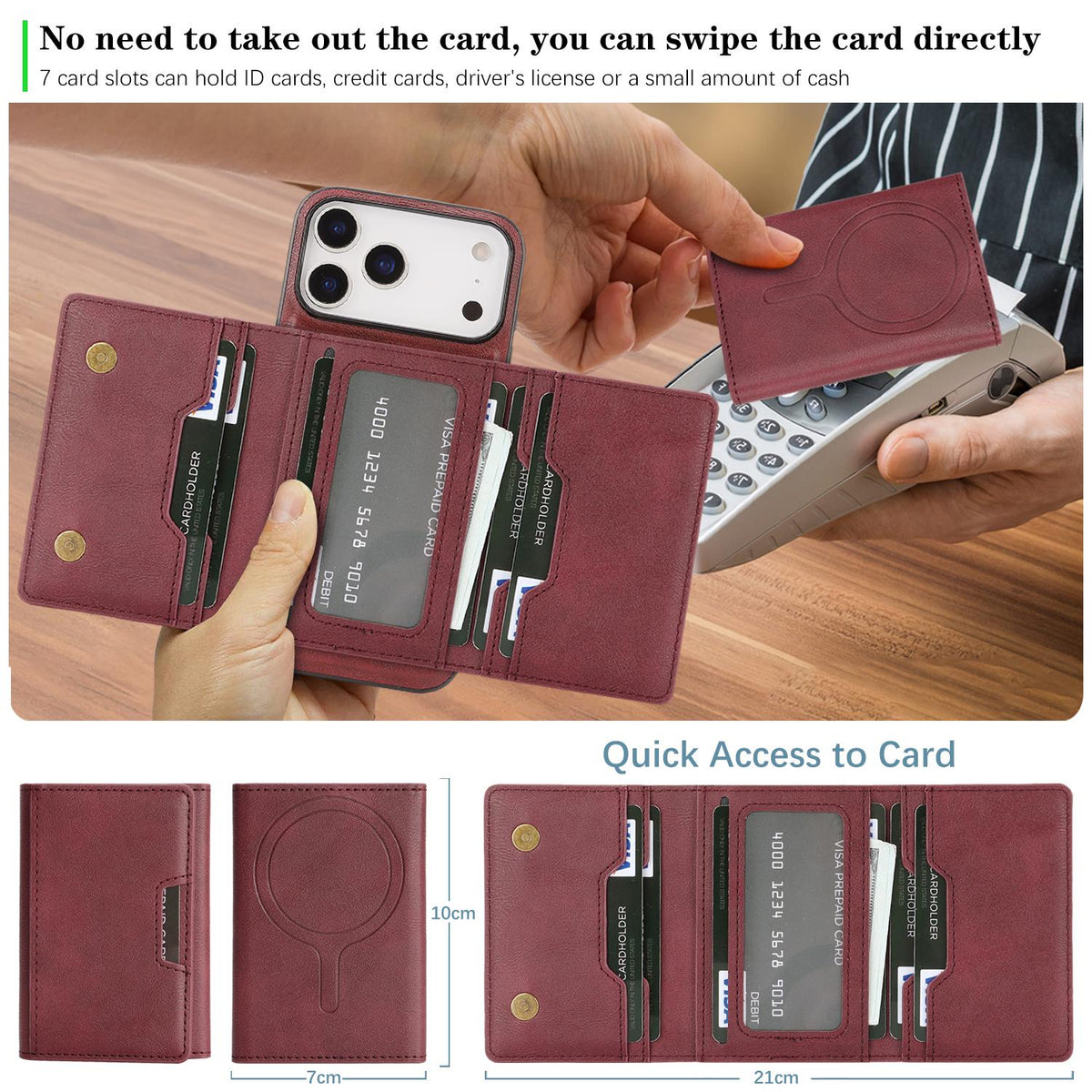 Compatible with iPhone 18 Pro Max Kalebol Strong Magnetic MagSafe Tri-Fold Wallet Leather Phone Case - Red