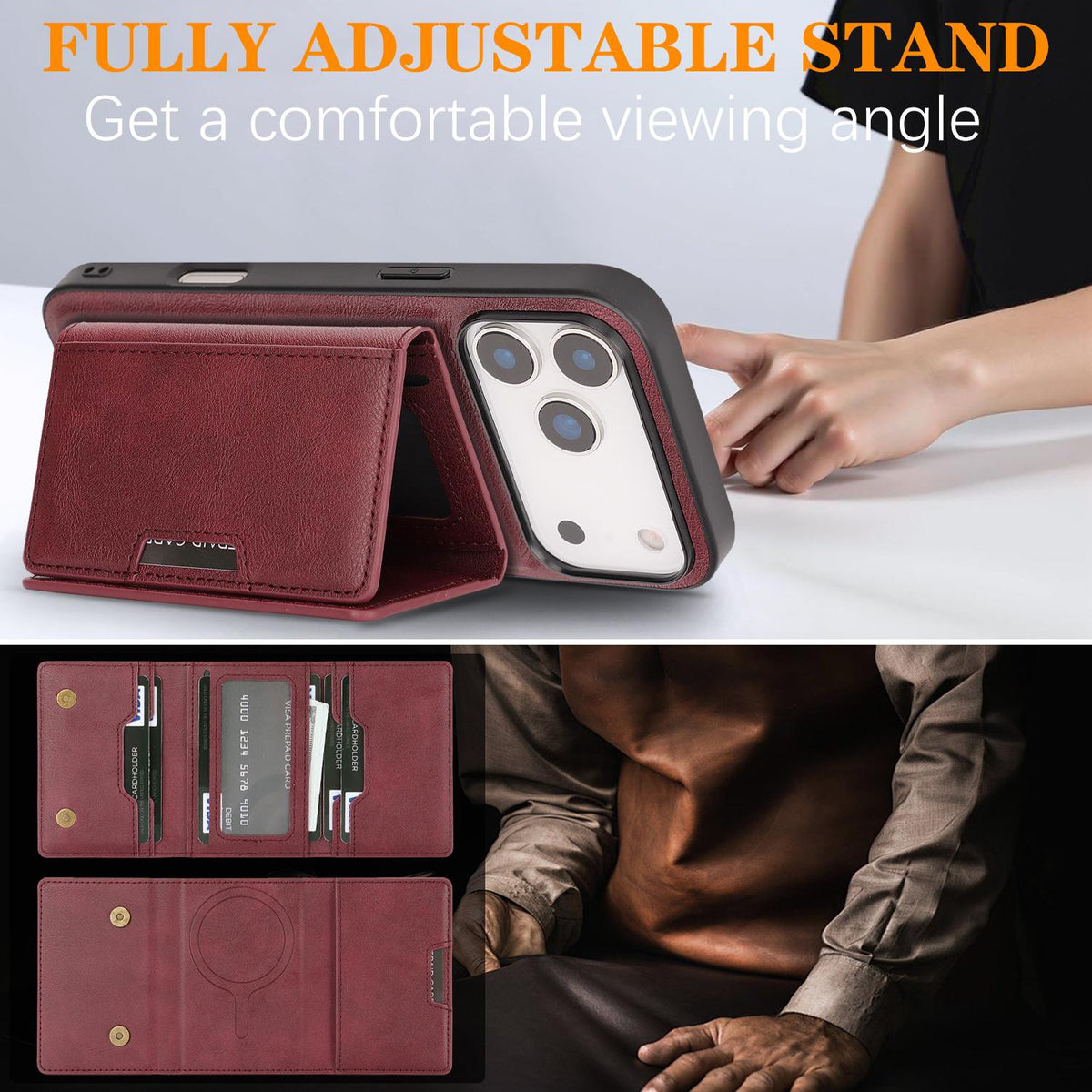 Compatible with iPhone 18 Pro Max Kalebol Strong Magnetic MagSafe Tri-Fold Wallet Leather Phone Case - Red