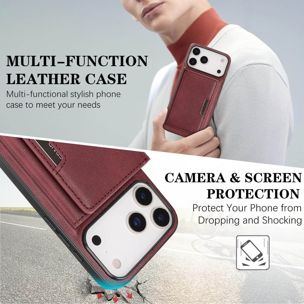 Compatible with iPhone 18 Pro Max Kalebol Strong Magnetic MagSafe Tri-Fold Wallet Leather Phone Case - Red
