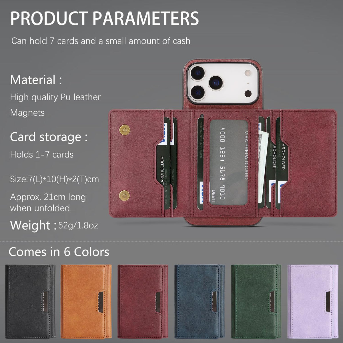 Compatible with iPhone 18 Pro Max Kalebol Strong Magnetic MagSafe Tri-Fold Wallet Leather Phone Case - Red
