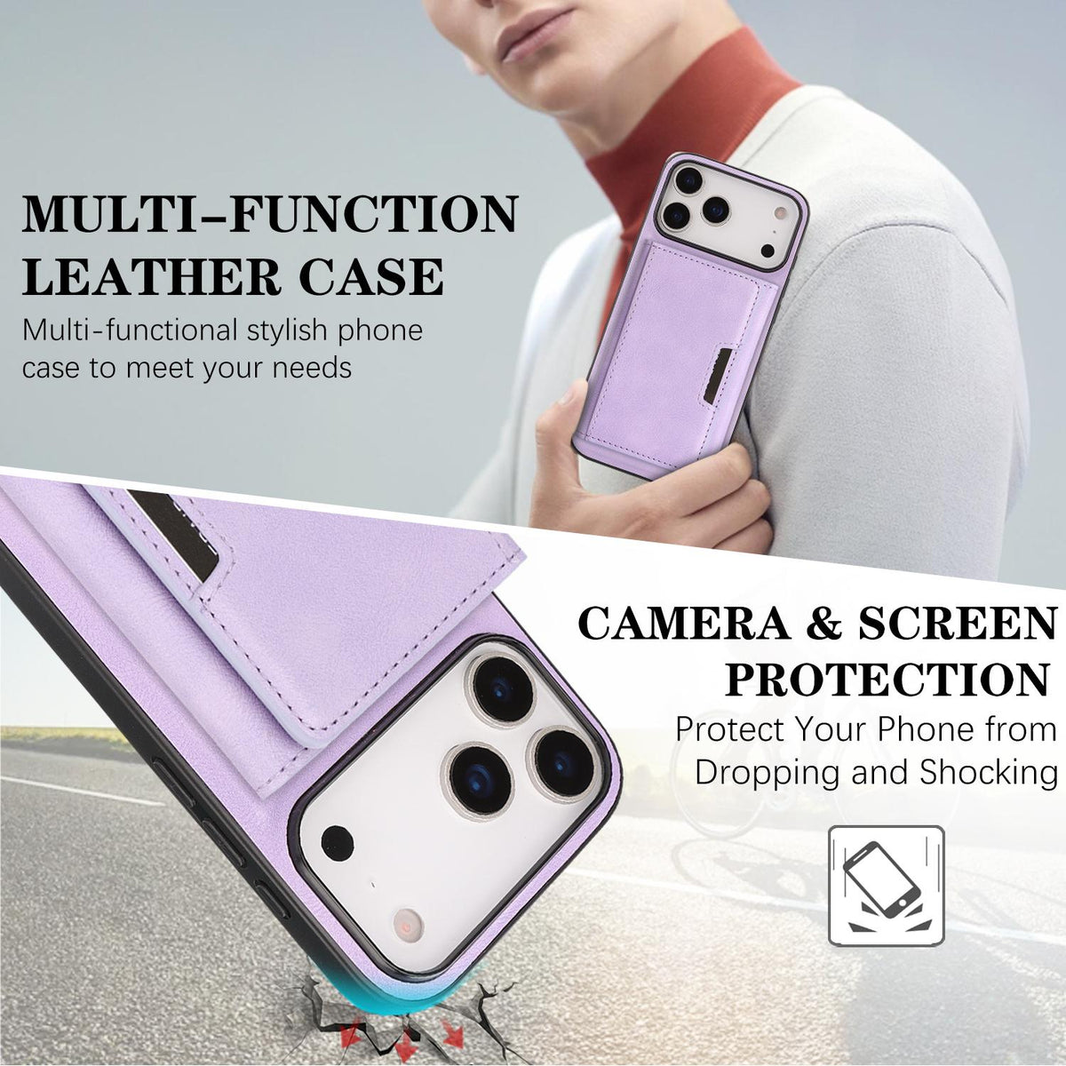 Compatible with iPhone 18 Pro Max Kalebol Strong Magnetic MagSafe Tri-Fold Wallet Leather Phone Case - Purple