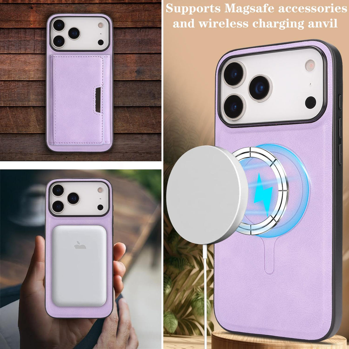 Compatible with iPhone 18 Pro Max Kalebol Strong Magnetic MagSafe Tri-Fold Wallet Leather Phone Case - Purple
