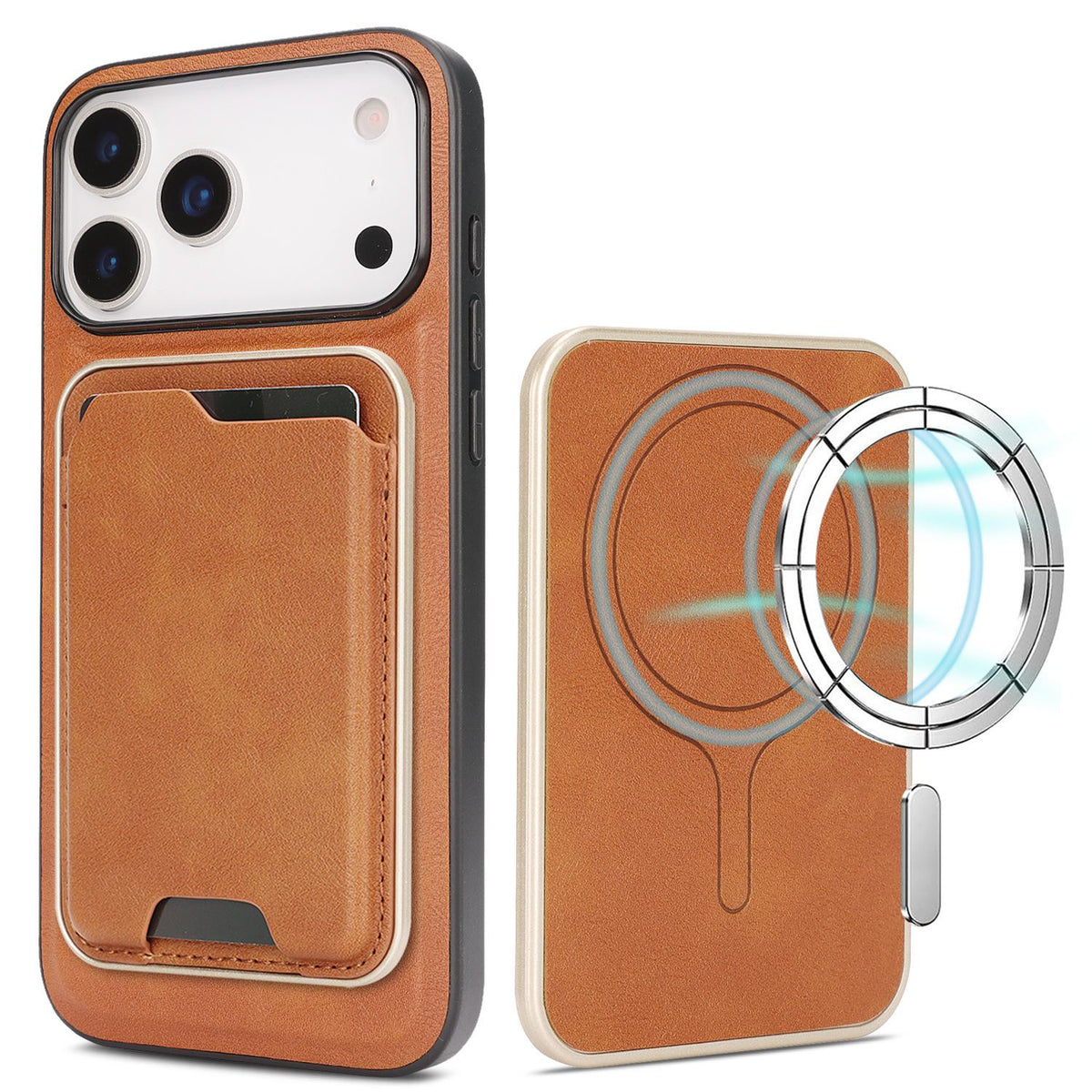 Compatible with iPhone 18 Pro Max Kalebol Slim MagSafe Ring Magnetic Card Bag Leather Phone Case - Brown