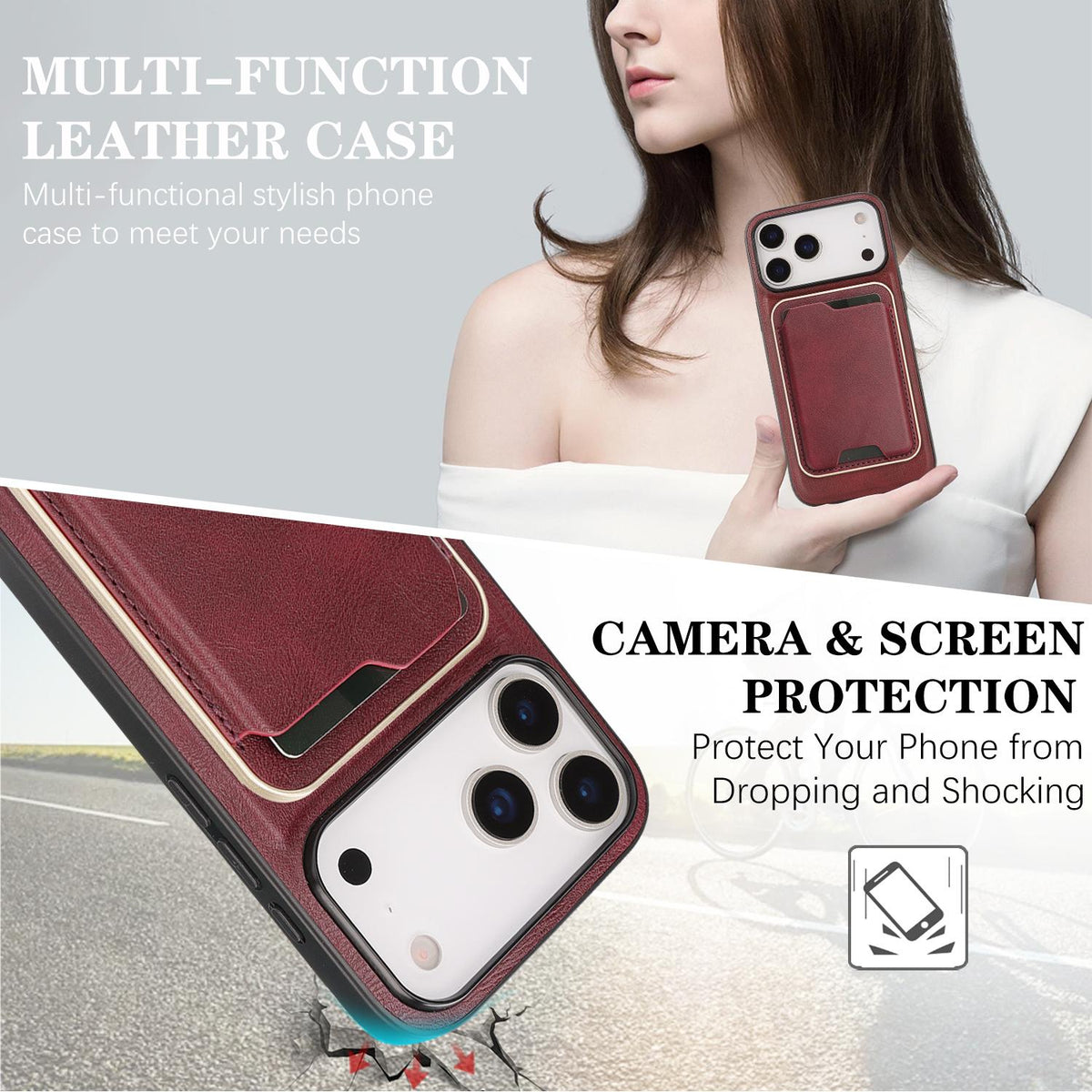 Compatible with iPhone 18 Pro Max Kalebol Slim MagSafe Ring Magnetic Card Bag Leather Phone Case - Red