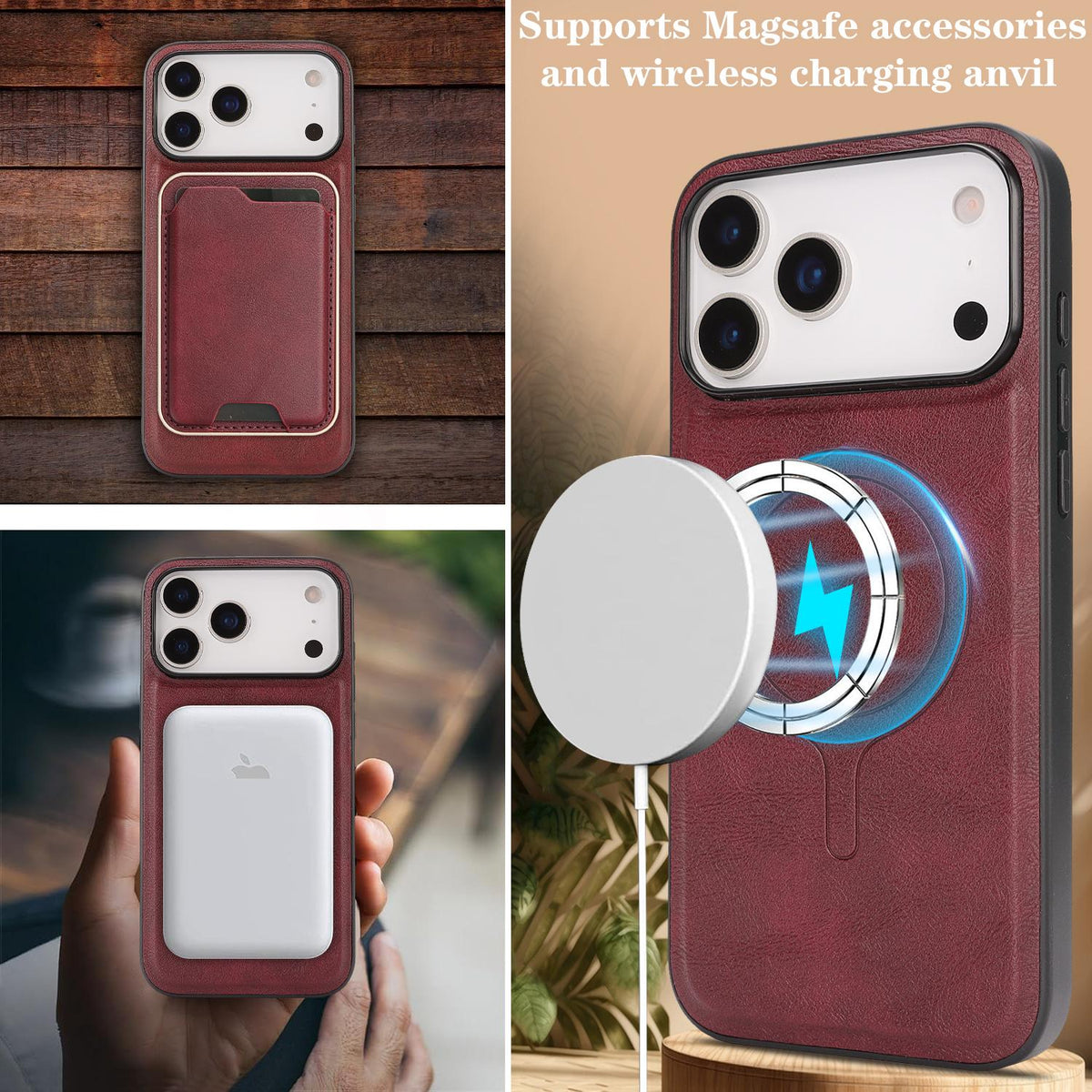 Compatible with iPhone 18 Pro Max Kalebol Slim MagSafe Ring Magnetic Card Bag Leather Phone Case - Red