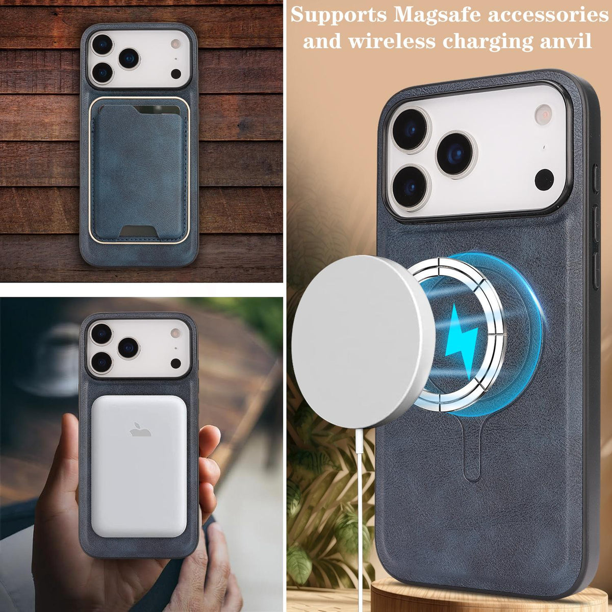 Compatible with iPhone 18 Pro Max Kalebol Slim MagSafe Ring Magnetic Card Bag Leather Phone Case - Blue
