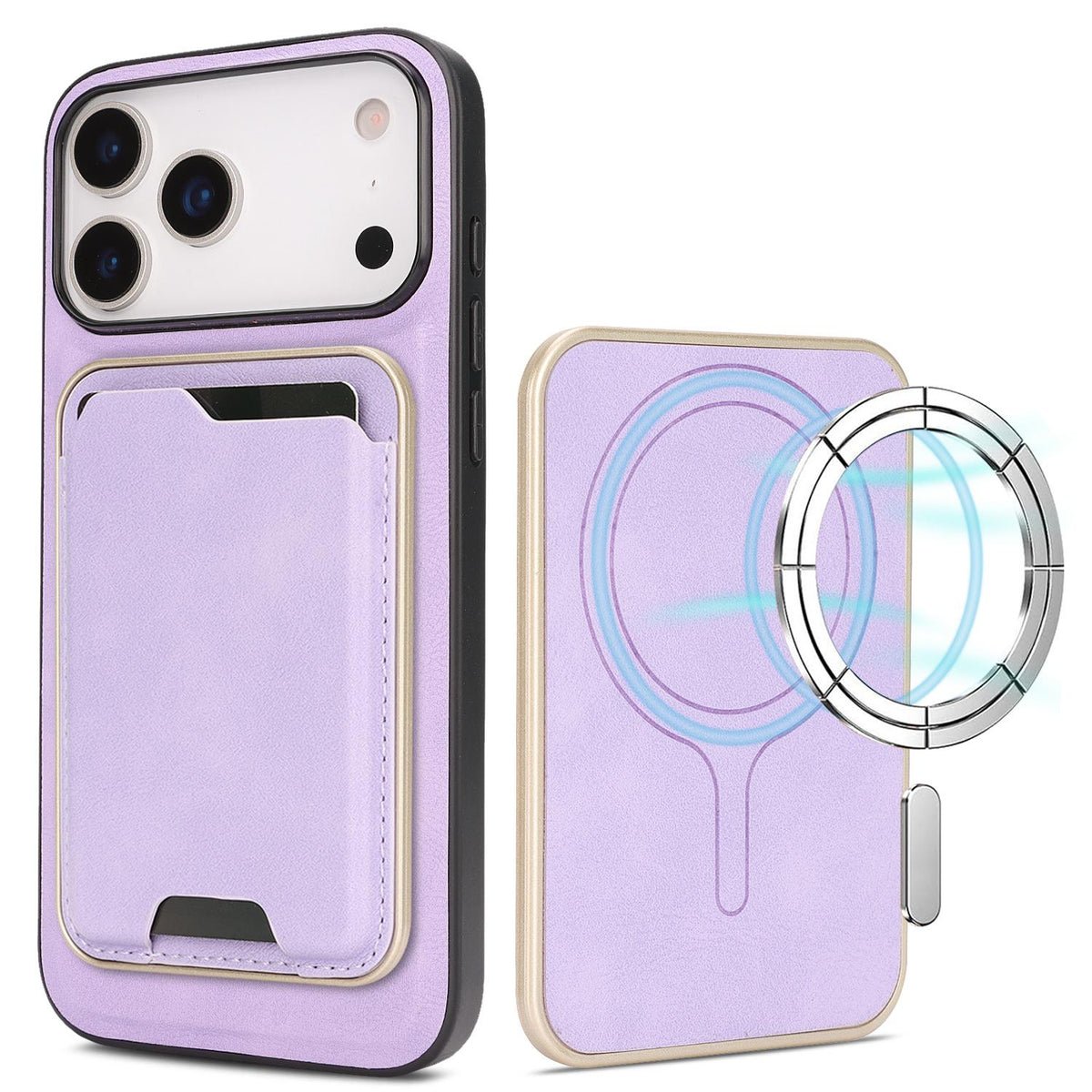 Compatible with iPhone 18 Pro Max Kalebol Slim MagSafe Ring Magnetic Card Bag Leather Phone Case - Purple