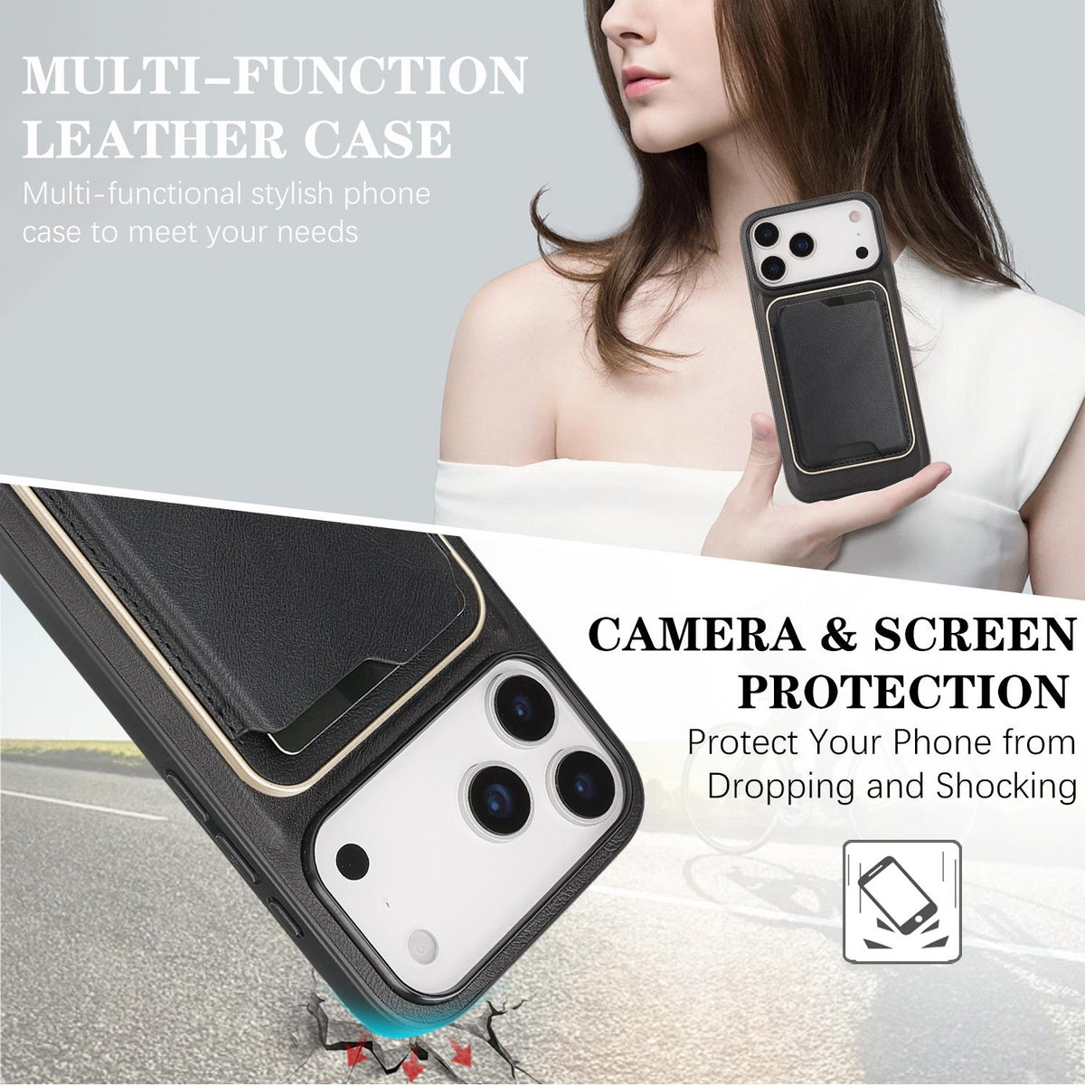 Compatible with iPhone 18 Pro Kalebol Slim MagSafe Ring Magnetic Card Bag Leather Phone Case - Black