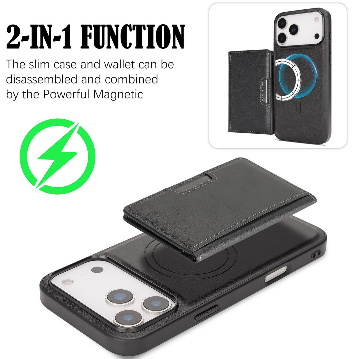 Compatible with iPhone 18 Pro Max Kalebol Strong MagSafe Magnetic Two-Fold Card Bag Leather Phone Case - Black