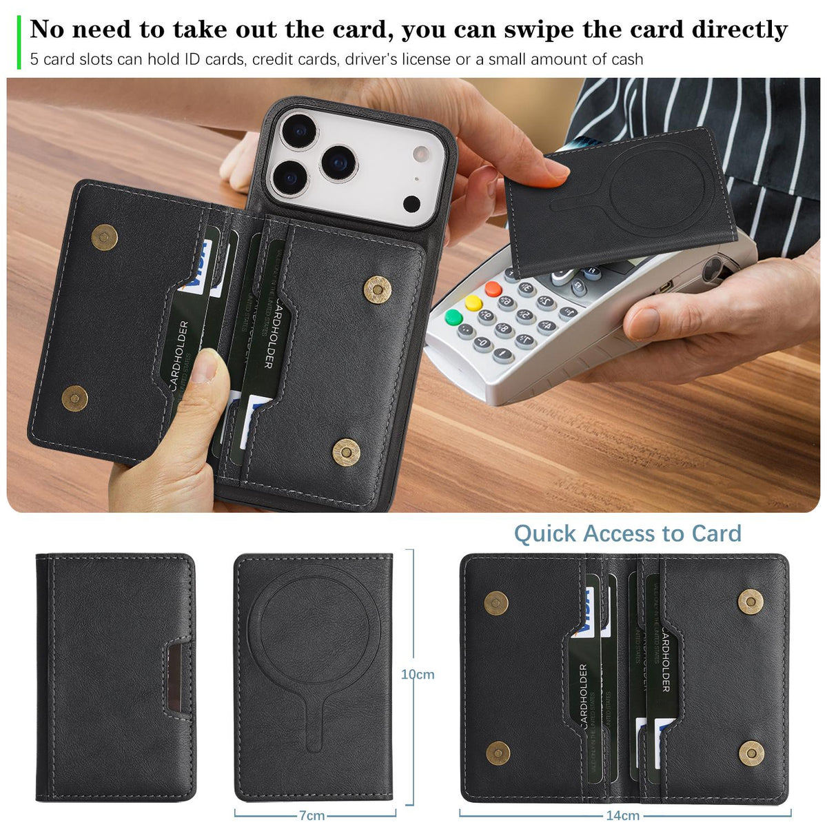 Compatible with iPhone 18 Pro Max Kalebol Strong MagSafe Magnetic Two-Fold Card Bag Leather Phone Case - Black