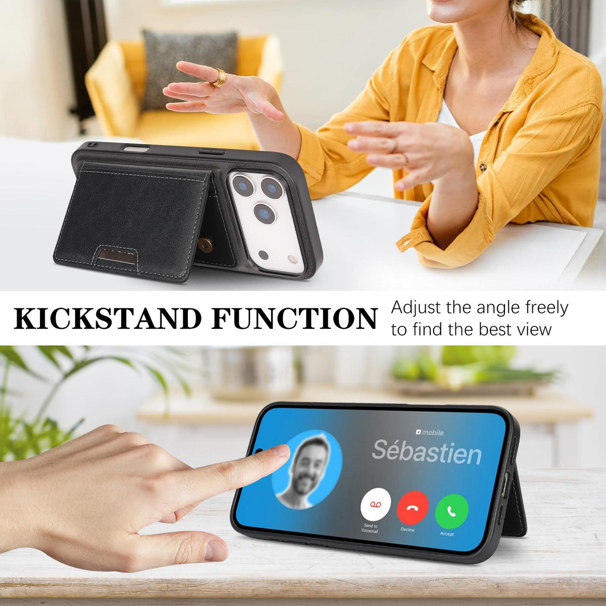 Compatible with iPhone 18 Pro Max Kalebol Strong MagSafe Magnetic Two-Fold Card Bag Leather Phone Case - Black