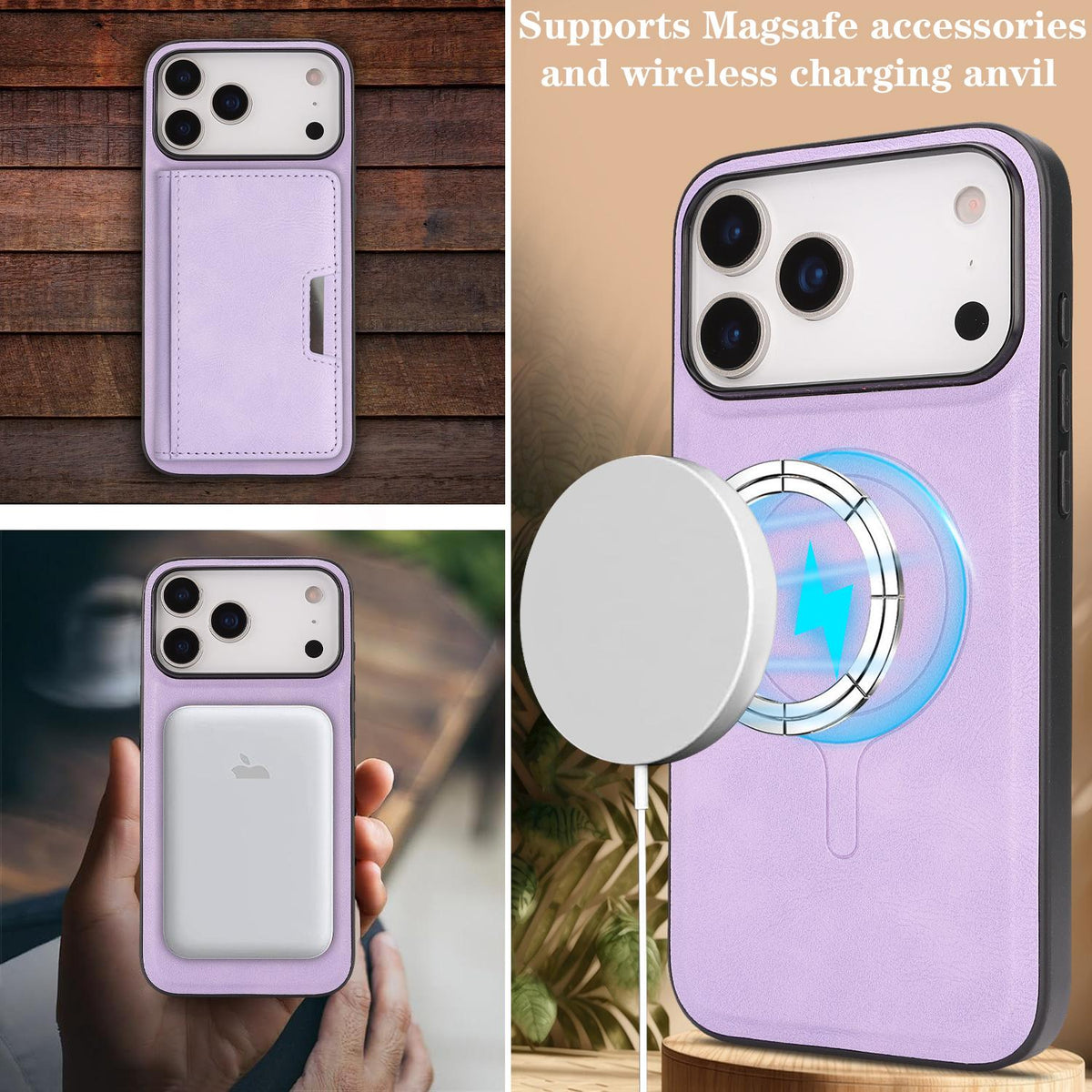 Compatible with iPhone 18 Pro Max Kalebol Strong MagSafe Magnetic Two-Fold Card Bag Leather Phone Case - Purple