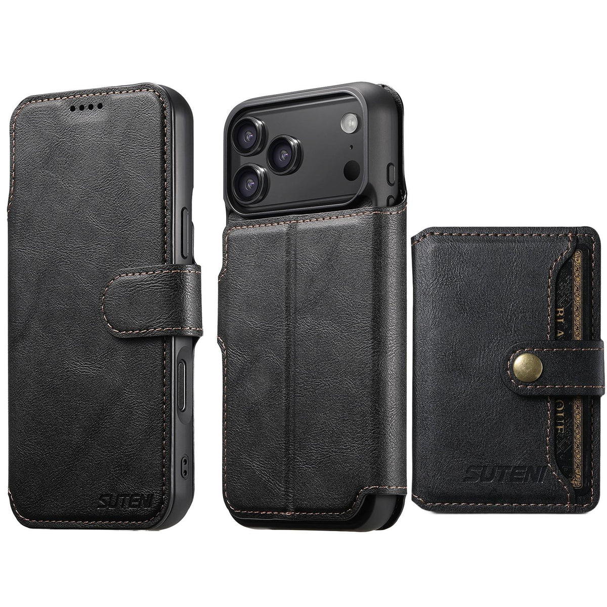 Compatible with iPhone 18 Pro Max Suteni Q05S1 3-in-1 Detachable Wallet MagSafe Leather Phone Case - Black