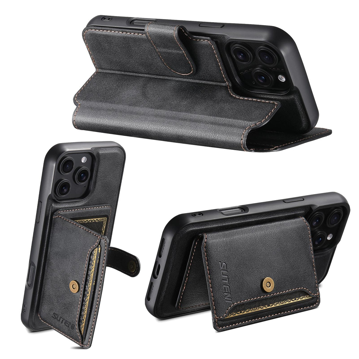 Compatible with iPhone 18 Pro Max Suteni Q05S1 3-in-1 Detachable Wallet MagSafe Leather Phone Case - Black