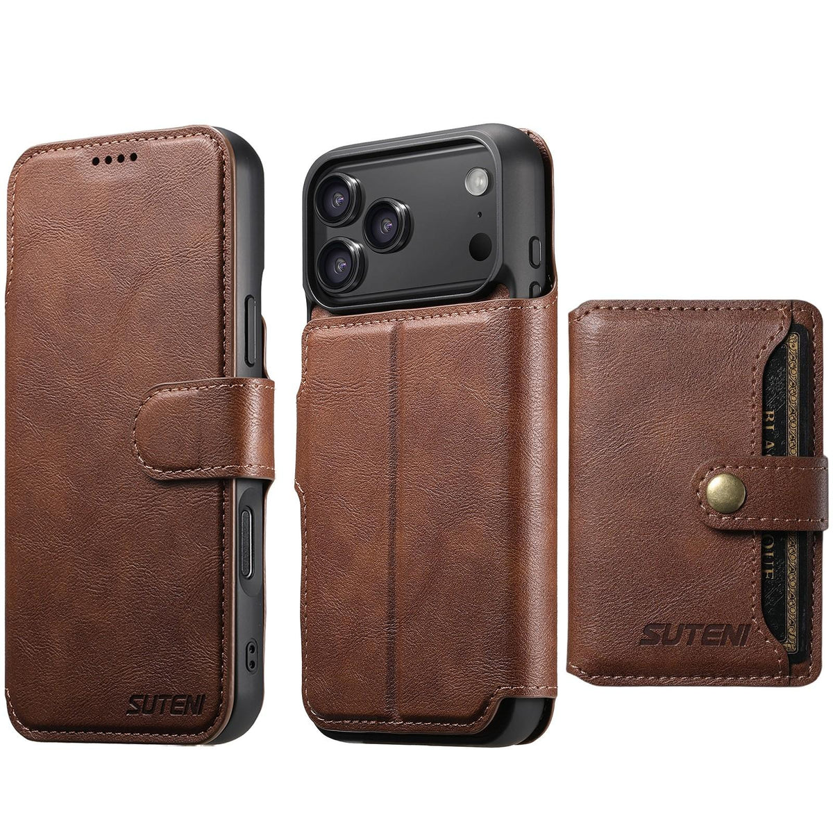 Compatible with iPhone 18 Pro Max Suteni Q05S1 3-in-1 Detachable Wallet MagSafe Leather Phone Case - Brown