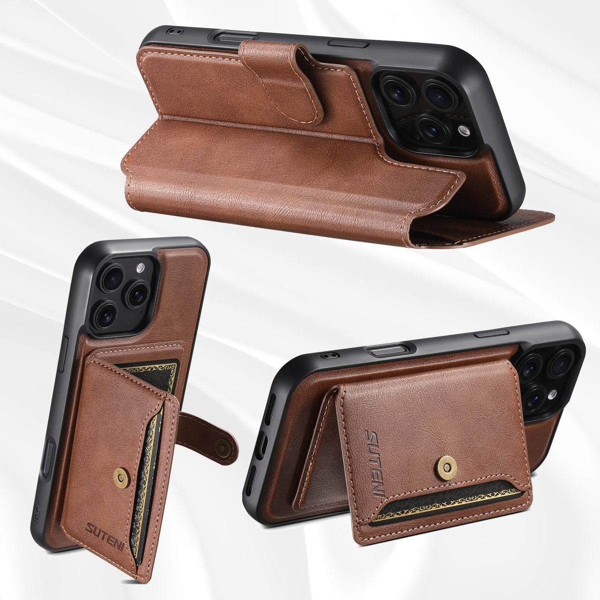 Compatible with iPhone 18 Pro Max Suteni Q05S1 3-in-1 Detachable Wallet MagSafe Leather Phone Case - Brown