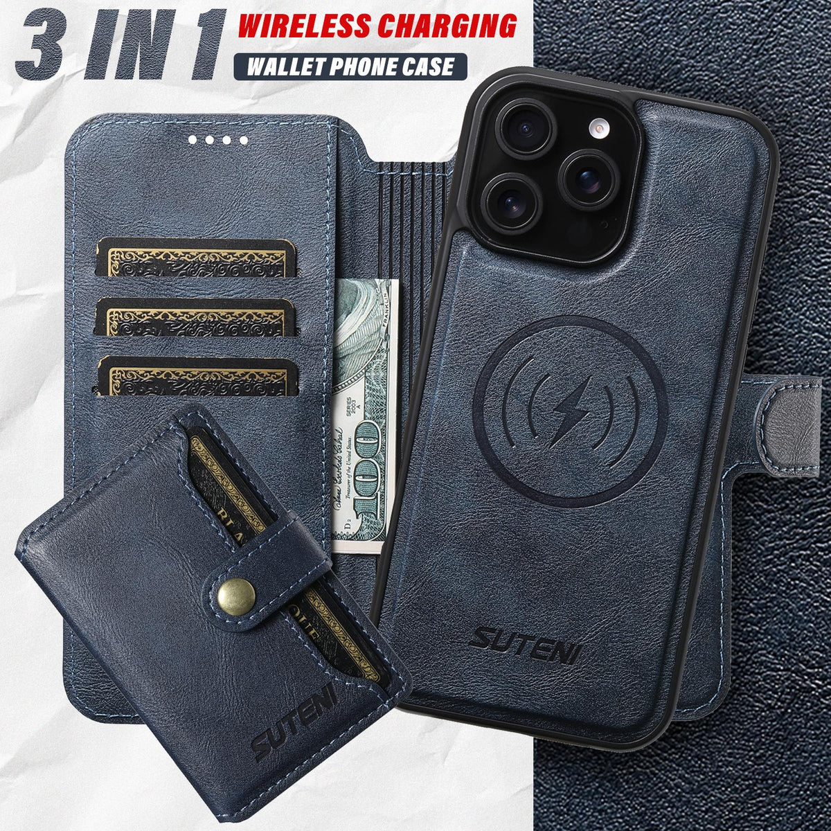 Compatible with iPhone 18 Pro Max Suteni Q05S1 3-in-1 Detachable Wallet MagSafe Leather Phone Case - Blue