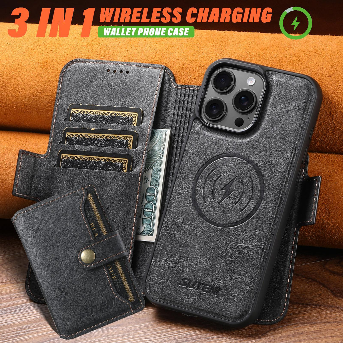 Compatible with iPhone 18 Pro Max Suteni Q06S1 3-in-1 Splicing Detachable Wallet MagSafe Leather Phone Case - Black