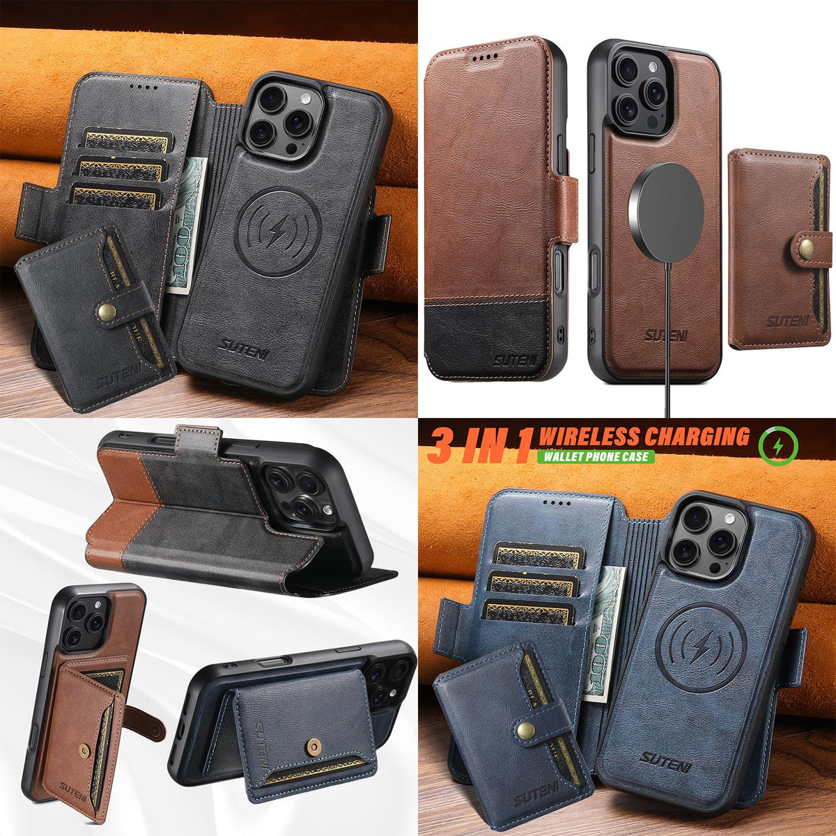 Compatible with iPhone 18 Pro Max Suteni Q06S1 3-in-1 Splicing Detachable Wallet MagSafe Leather Phone Case - Black
