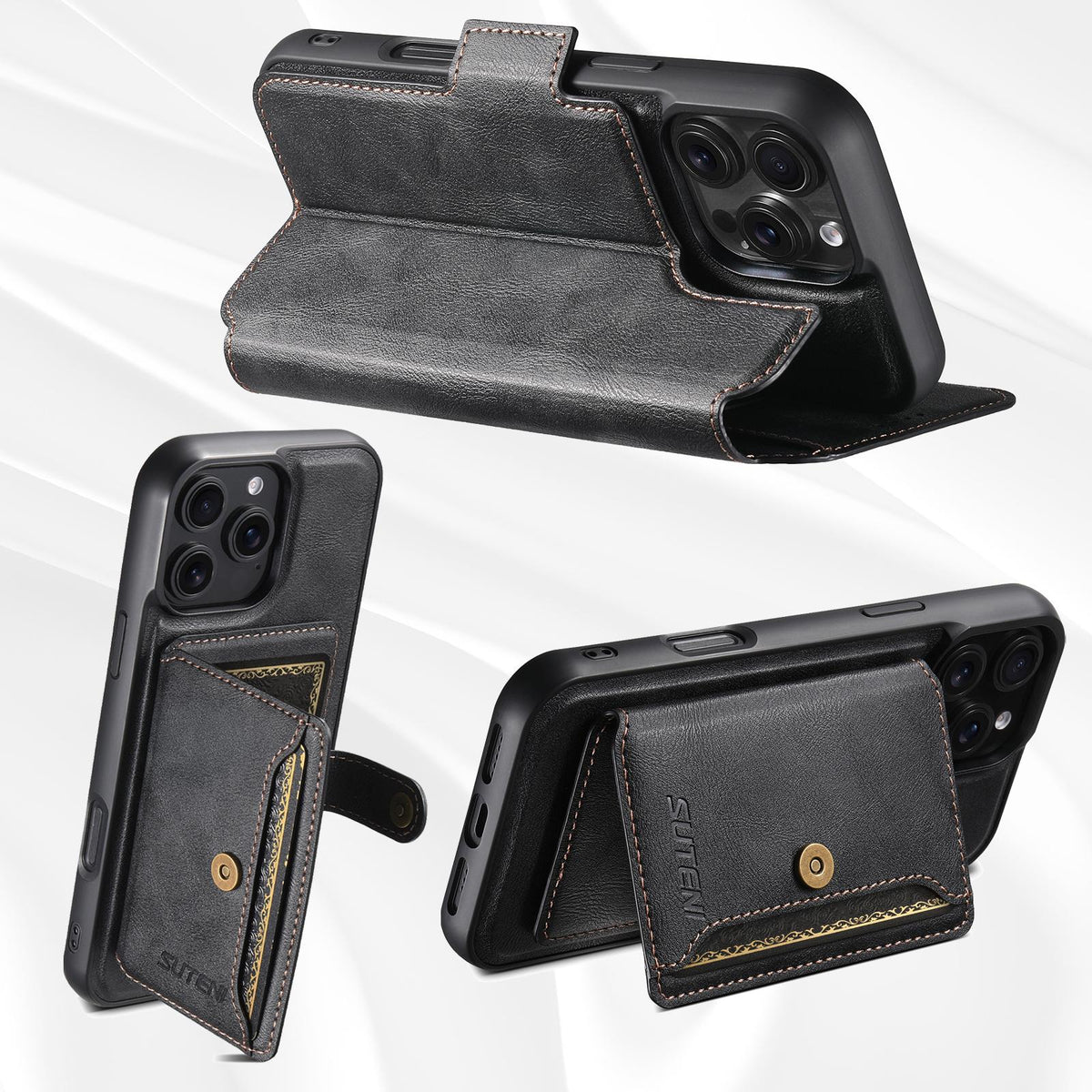 Compatible with iPhone 18 Pro Max Suteni Q07S1 3-in-1 Detachable Wallet MagSafe Splicing Leather Phone Case - Black
