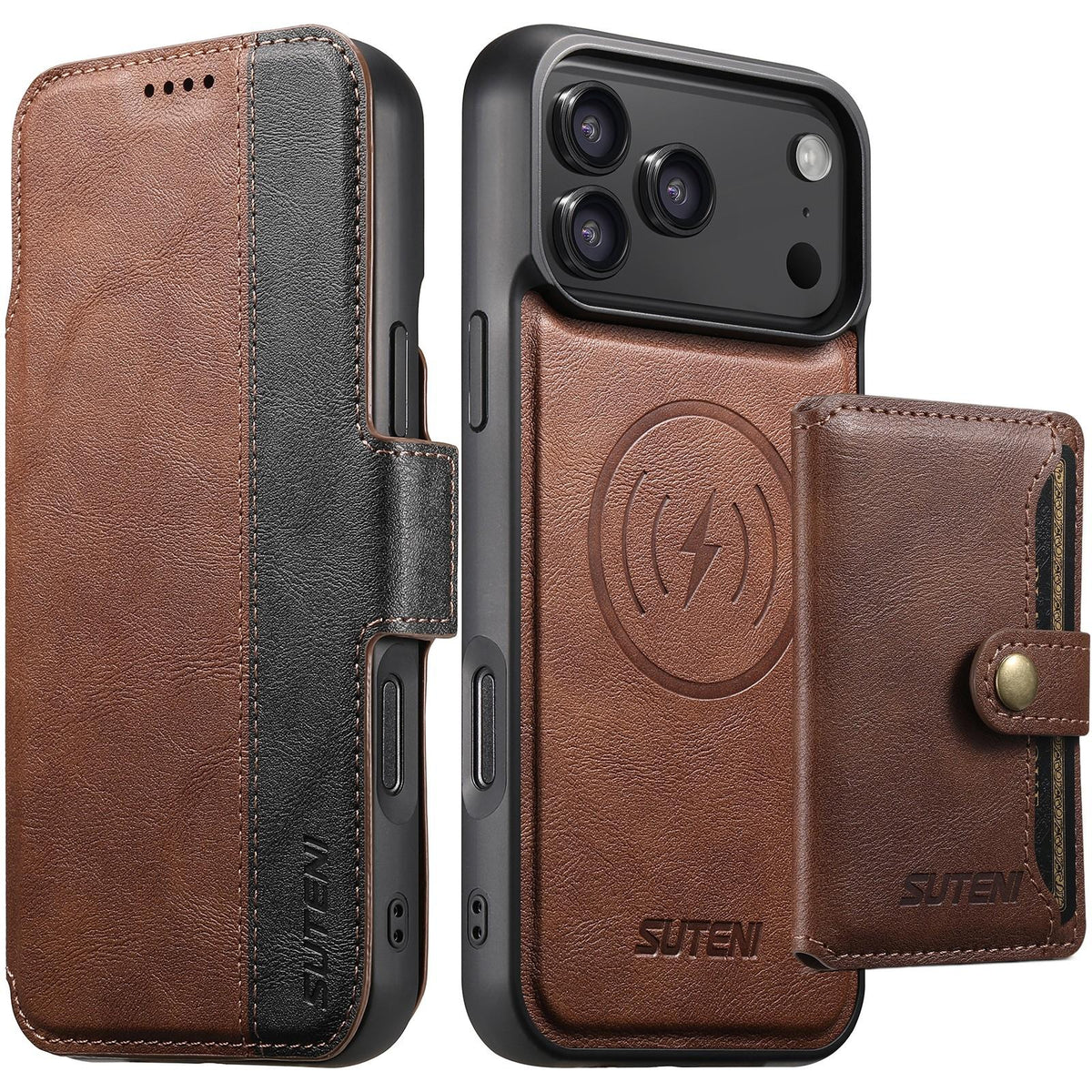 Compatible with iPhone 18 Pro Max Suteni Q07S1 3-in-1 Detachable Wallet MagSafe Splicing Leather Phone Case - Brown