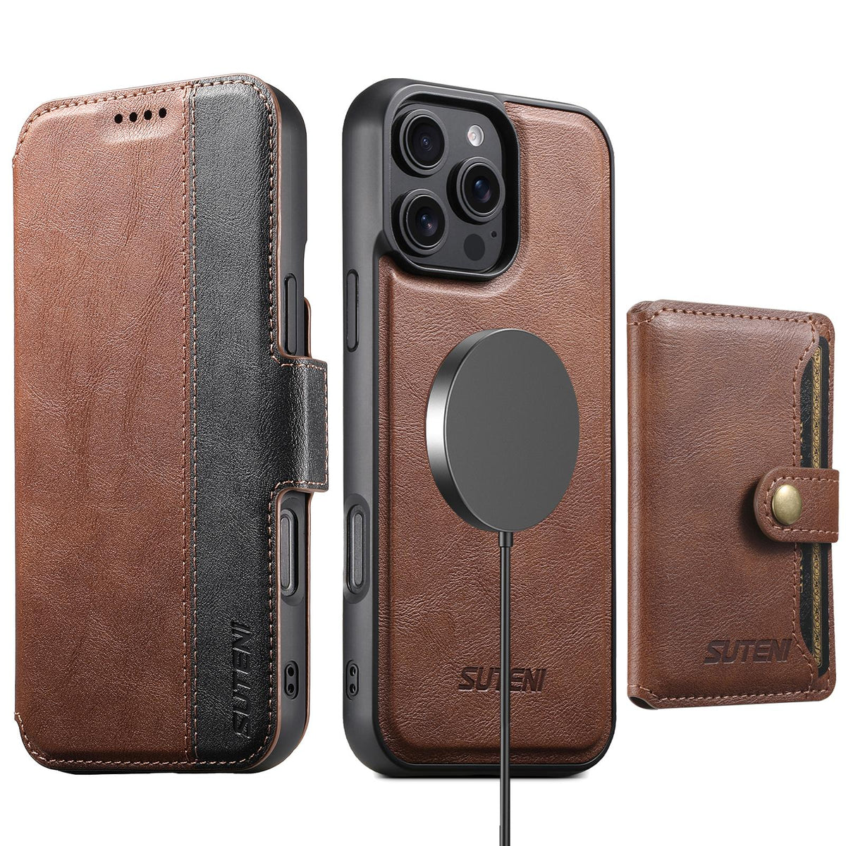 Compatible with iPhone 18 Pro Max Suteni Q07S1 3-in-1 Detachable Wallet MagSafe Splicing Leather Phone Case - Brown