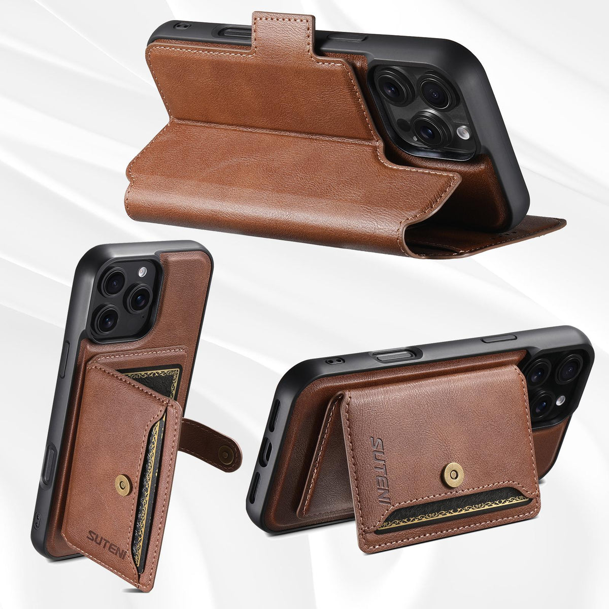 Compatible with iPhone 18 Pro Max Suteni Q07S1 3-in-1 Detachable Wallet MagSafe Splicing Leather Phone Case - Brown
