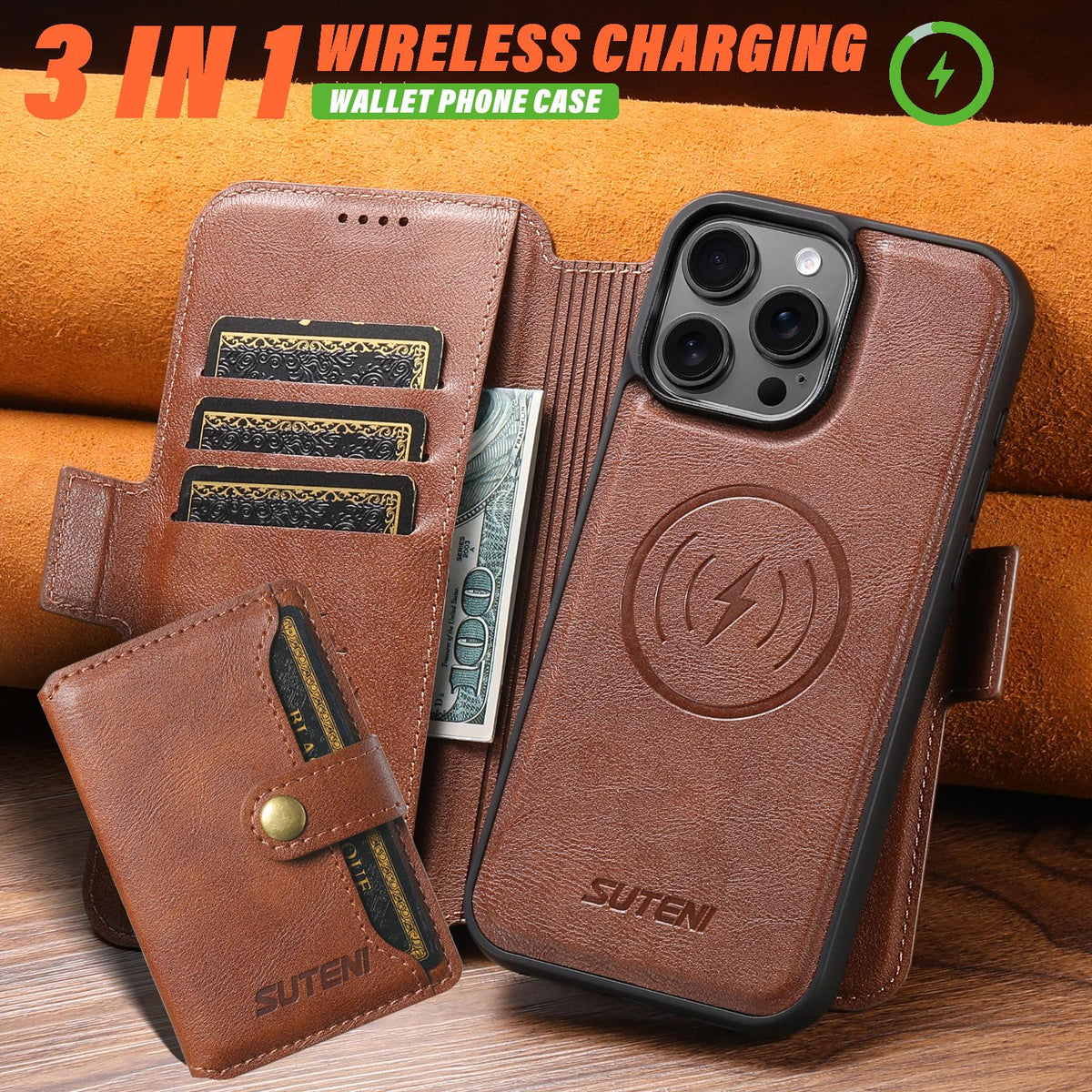 Compatible with iPhone 18 Pro Max Suteni Q07S1 3-in-1 Detachable Wallet MagSafe Splicing Leather Phone Case - Brown