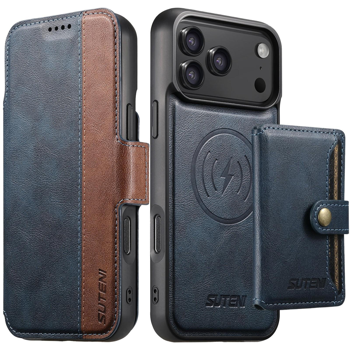 Compatible with iPhone 18 Pro Suteni Q07S1 3-in-1 Detachable Wallet MagSafe Splicing Leather Phone Case - Blue