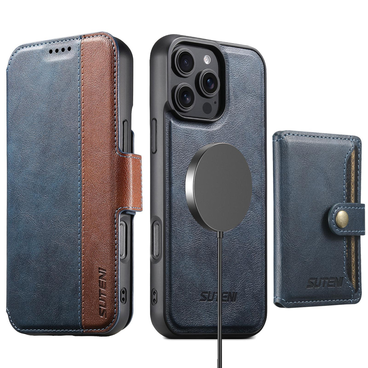 Compatible with iPhone 18 Pro Suteni Q07S1 3-in-1 Detachable Wallet MagSafe Splicing Leather Phone Case - Blue