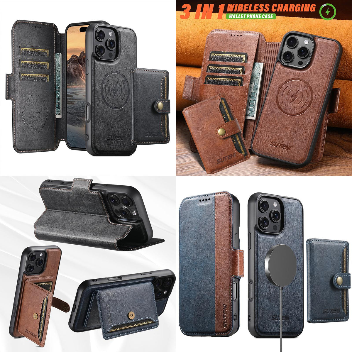 Compatible with iPhone 18 Pro Max Suteni Q07S1 3-in-1 Detachable Wallet MagSafe Splicing Leather Phone Case - Brown
