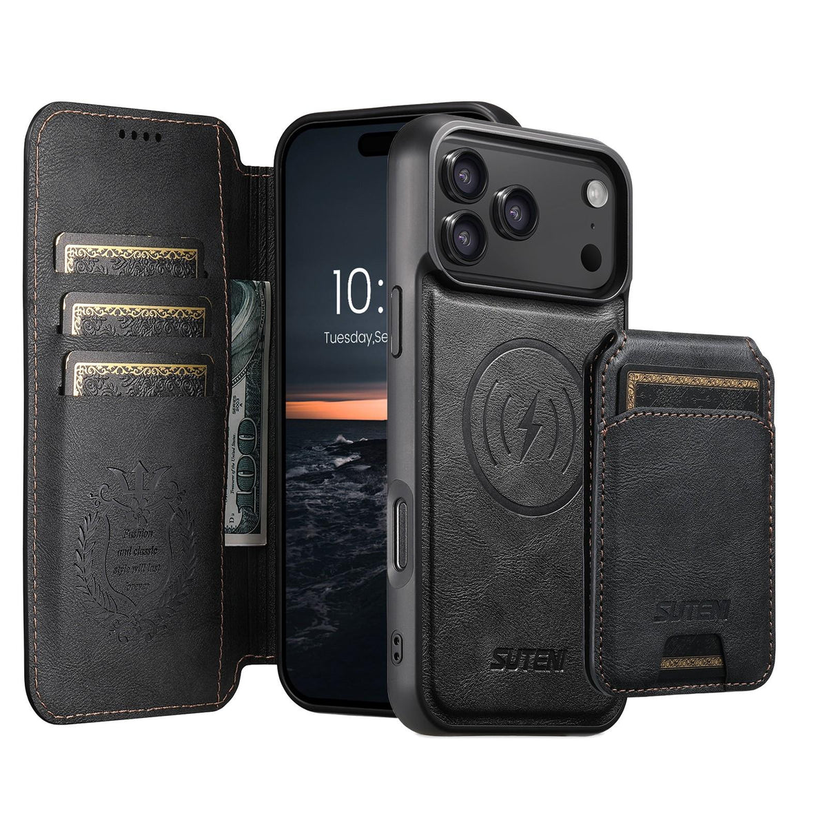 Compatible with iPhone 18 Pro Max Suteni Q05S2 3-in-1 Detachable Vertical Flip Wallet MagSafe Leather Phone Case - Black