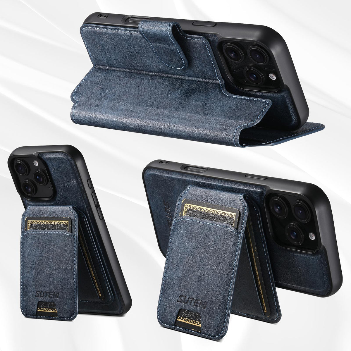 Compatible with iPhone 18 Pro Max Suteni Q05S2 3-in-1 Detachable Vertical Flip Wallet MagSafe Leather Phone Case - Blue