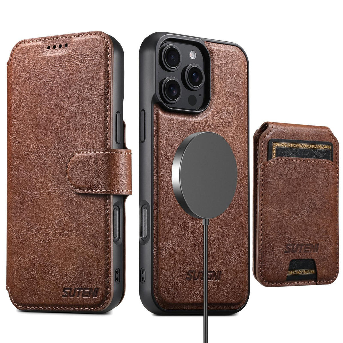 Compatible with iPhone 18 Pro Suteni Q05S2 3-in-1 Detachable Vertical Flip Wallet MagSafe Leather Phone Case - Brown