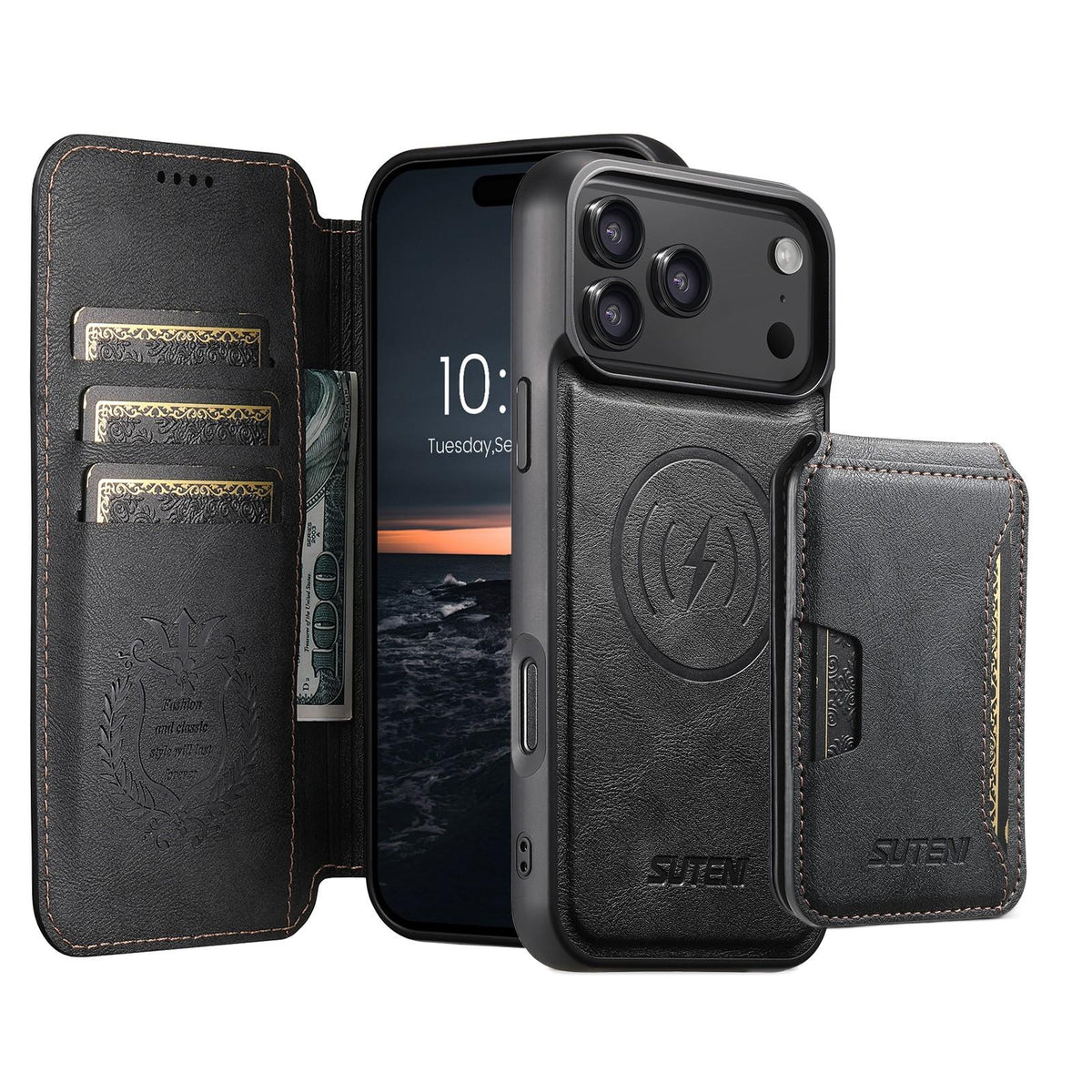 Compatible with iPhone 18 Pro Max Suteni Q05S3 3-in-1 Detachable Vertical Flip Wallet MagSafe Leather Phone Case - Black