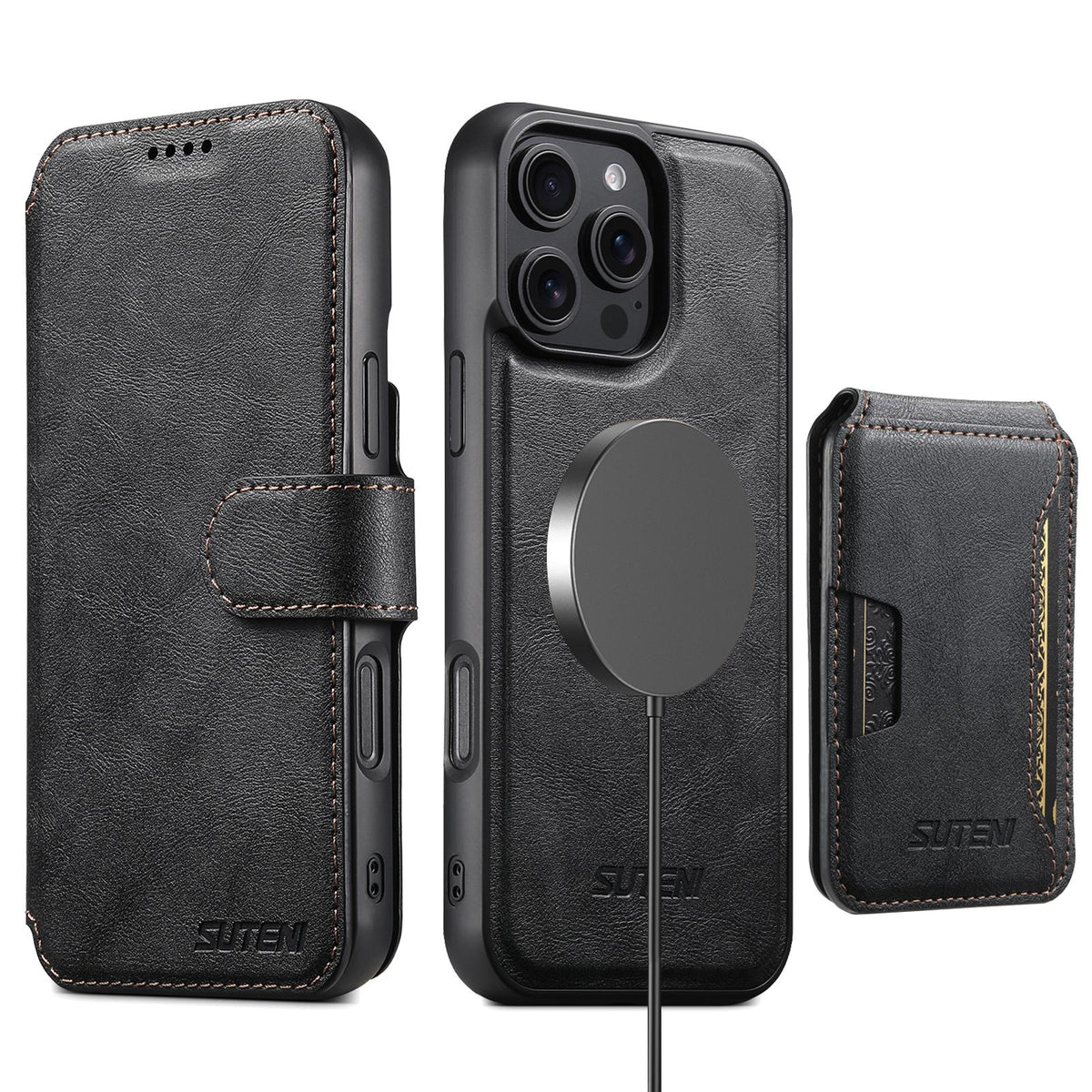 Compatible with iPhone 18 Pro Max Suteni Q05S3 3-in-1 Detachable Vertical Flip Wallet MagSafe Leather Phone Case - Black