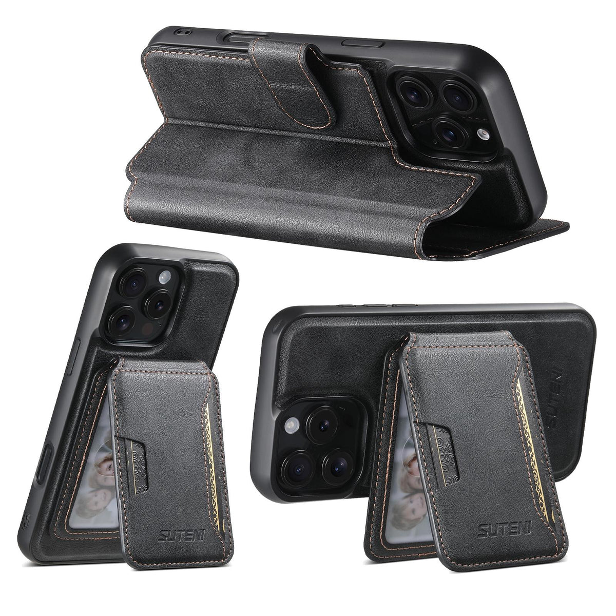 Compatible with iPhone 18 Pro Max Suteni Q05S3 3-in-1 Detachable Vertical Flip Wallet MagSafe Leather Phone Case - Black
