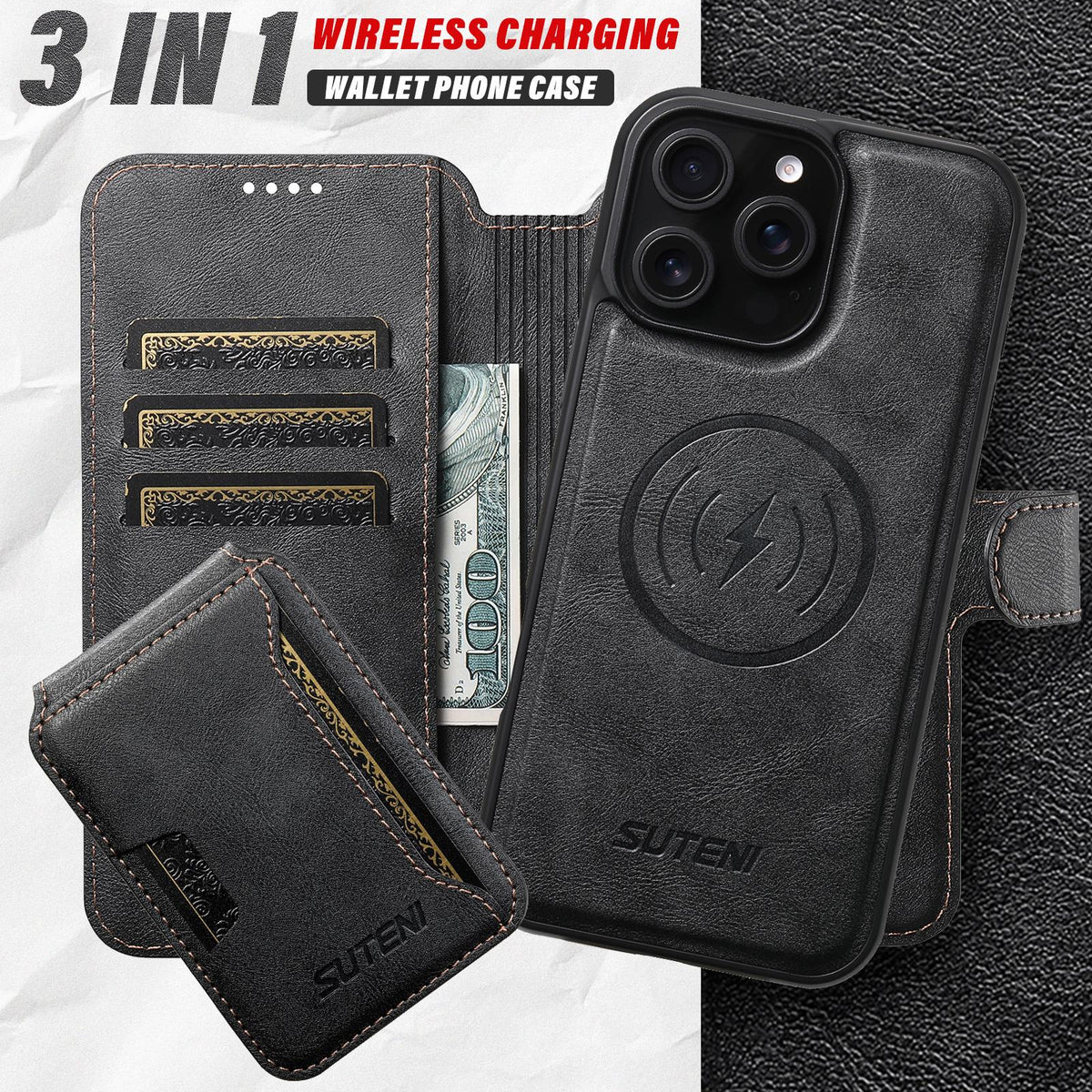 Compatible with iPhone 18 Pro Max Suteni Q05S3 3-in-1 Detachable Vertical Flip Wallet MagSafe Leather Phone Case - Black