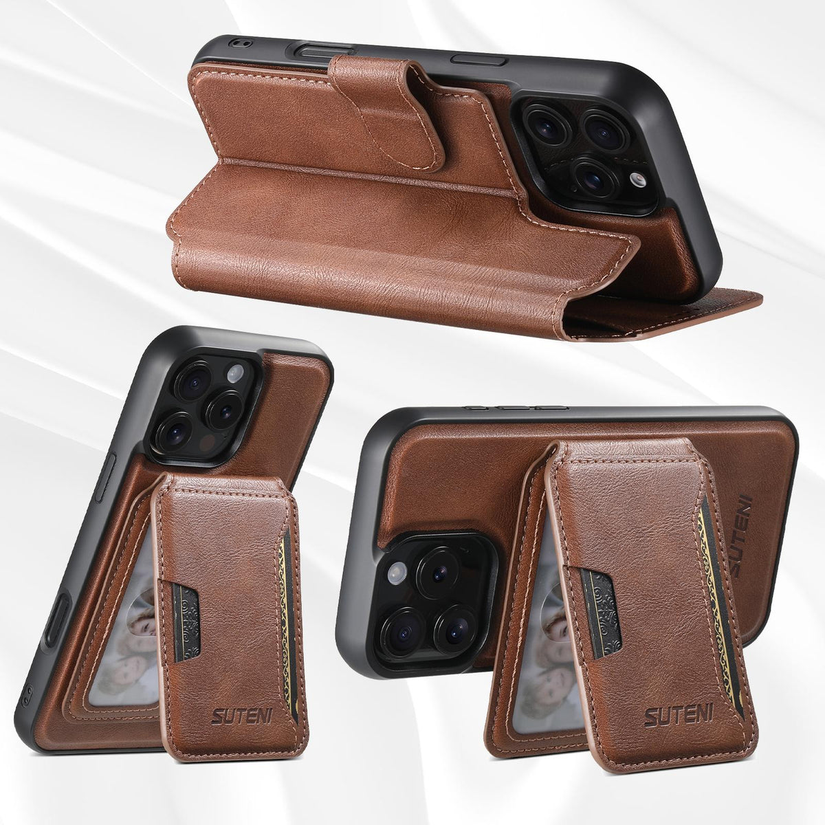 Compatible with iPhone 18 Pro Max Suteni Q05S3 3-in-1 Detachable Vertical Flip Wallet MagSafe Leather Phone Case - Brown