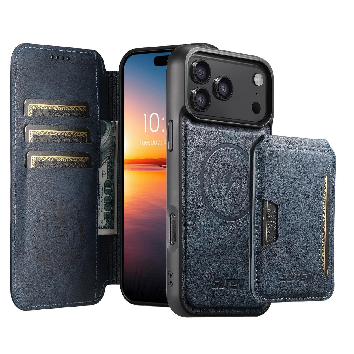 Compatible with iPhone 18 Pro Max Suteni Q05S3 3-in-1 Detachable Vertical Flip Wallet MagSafe Leather Phone Case - Blue