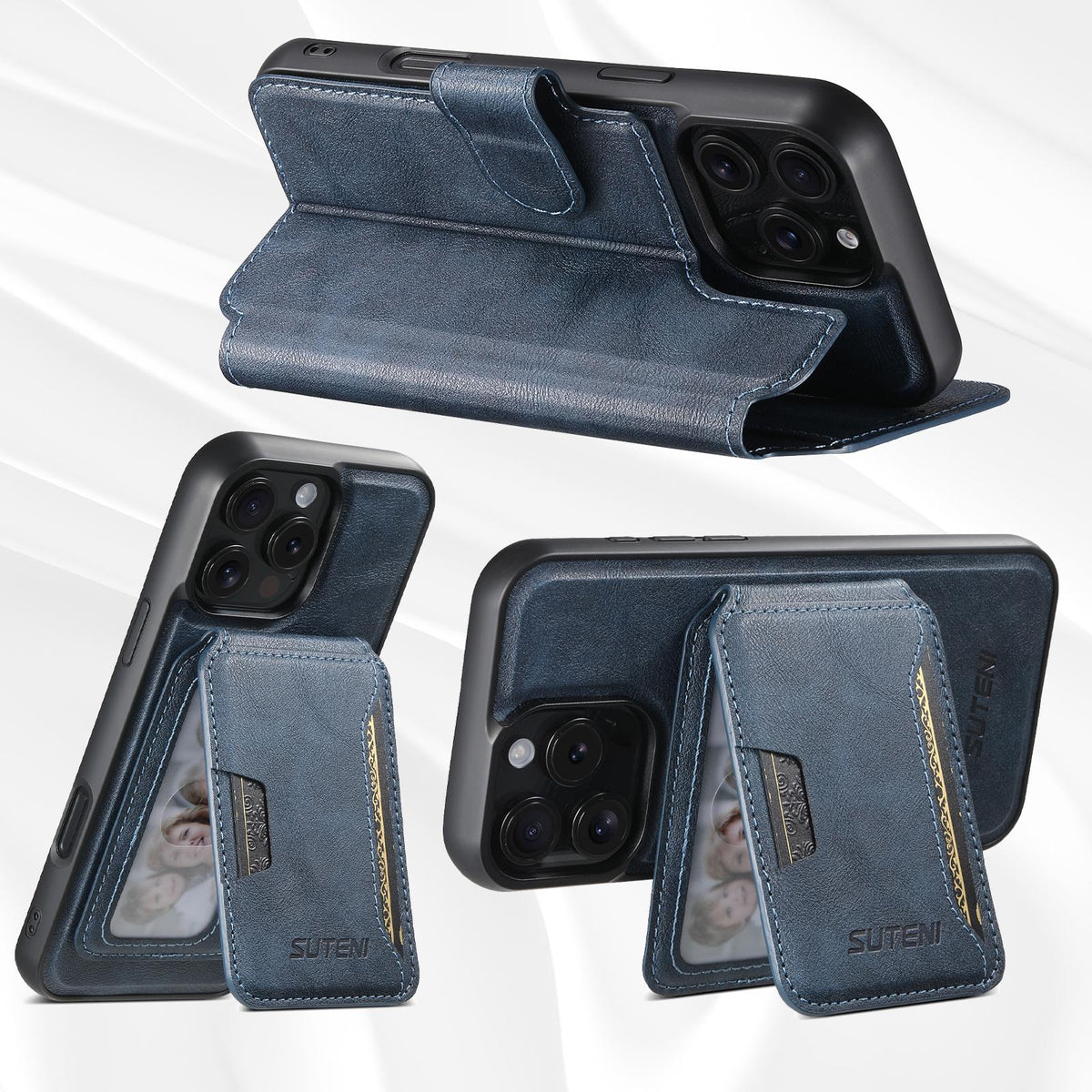 Compatible with iPhone 18 Pro Max Suteni Q05S3 3-in-1 Detachable Vertical Flip Wallet MagSafe Leather Phone Case - Blue