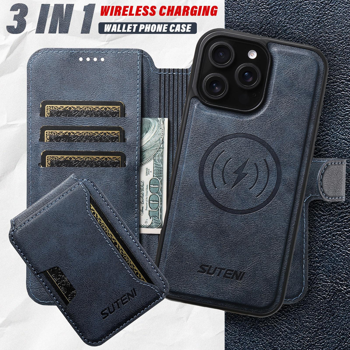 Compatible with iPhone 18 Pro Max Suteni Q05S3 3-in-1 Detachable Vertical Flip Wallet MagSafe Leather Phone Case - Blue