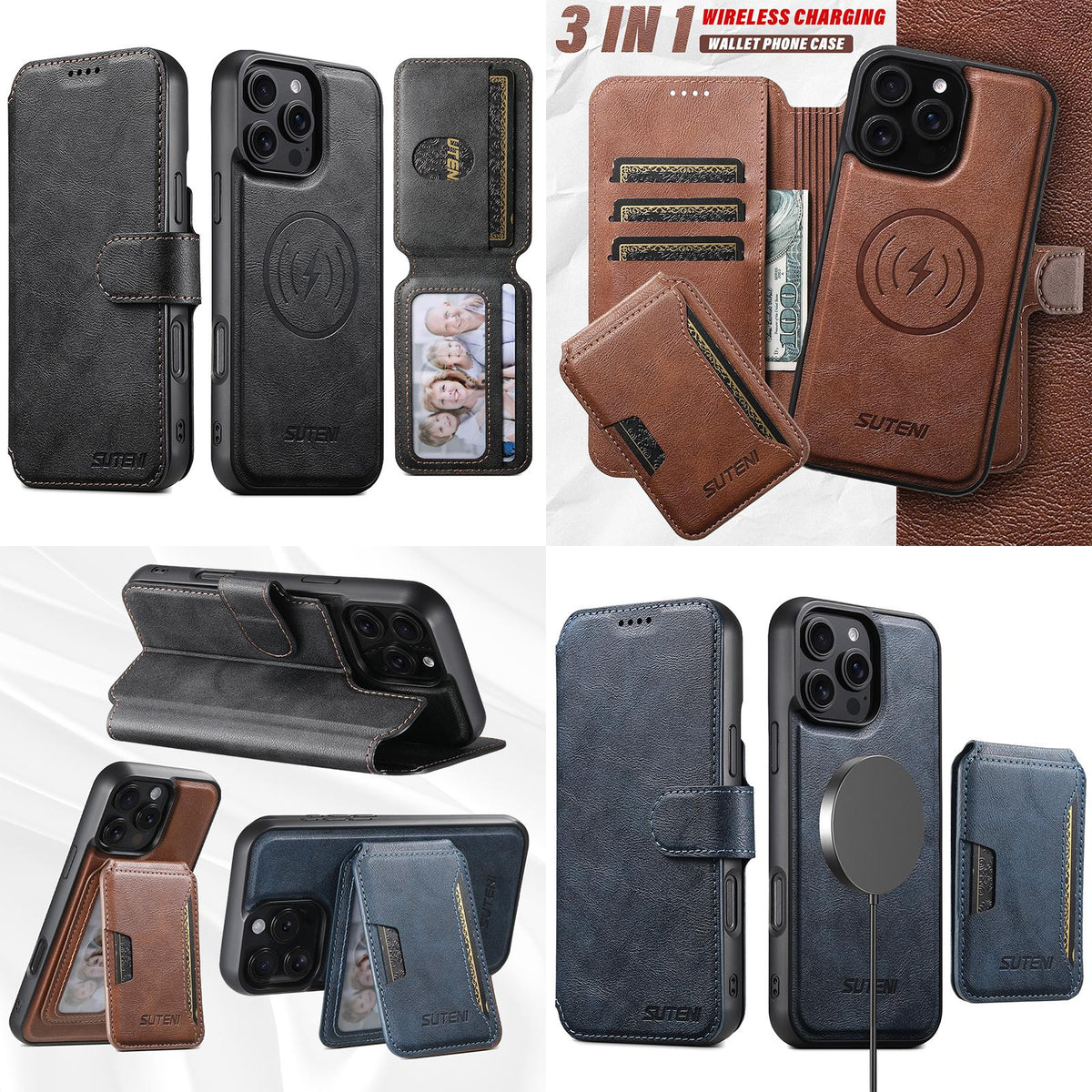 Compatible with iPhone 18 Pro Max Suteni Q05S3 3-in-1 Detachable Vertical Flip Wallet MagSafe Leather Phone Case - Brown