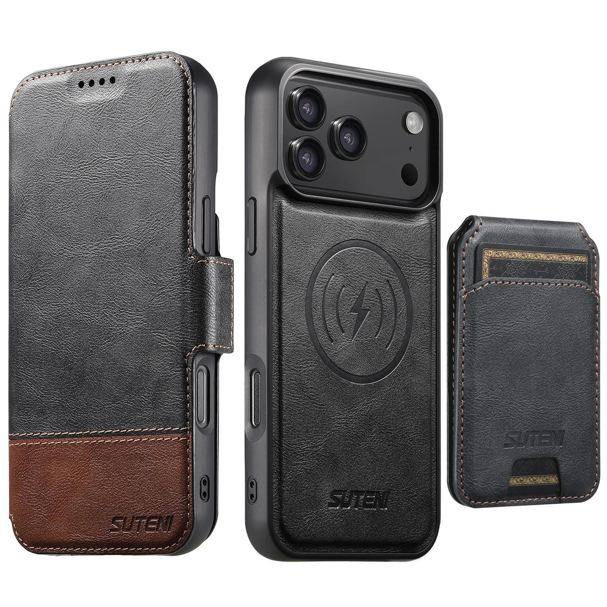Compatible with iPhone 18 Pro Max Suteni Q06S2 3-in-1 Detachable Vertical Flip Wallet MagSafe Splicing Leather Phone Case - Black