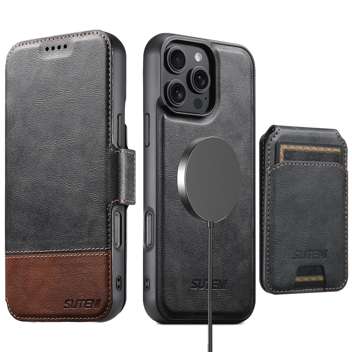 Compatible with iPhone 18 Pro Max Suteni Q06S2 3-in-1 Detachable Vertical Flip Wallet MagSafe Splicing Leather Phone Case - Black