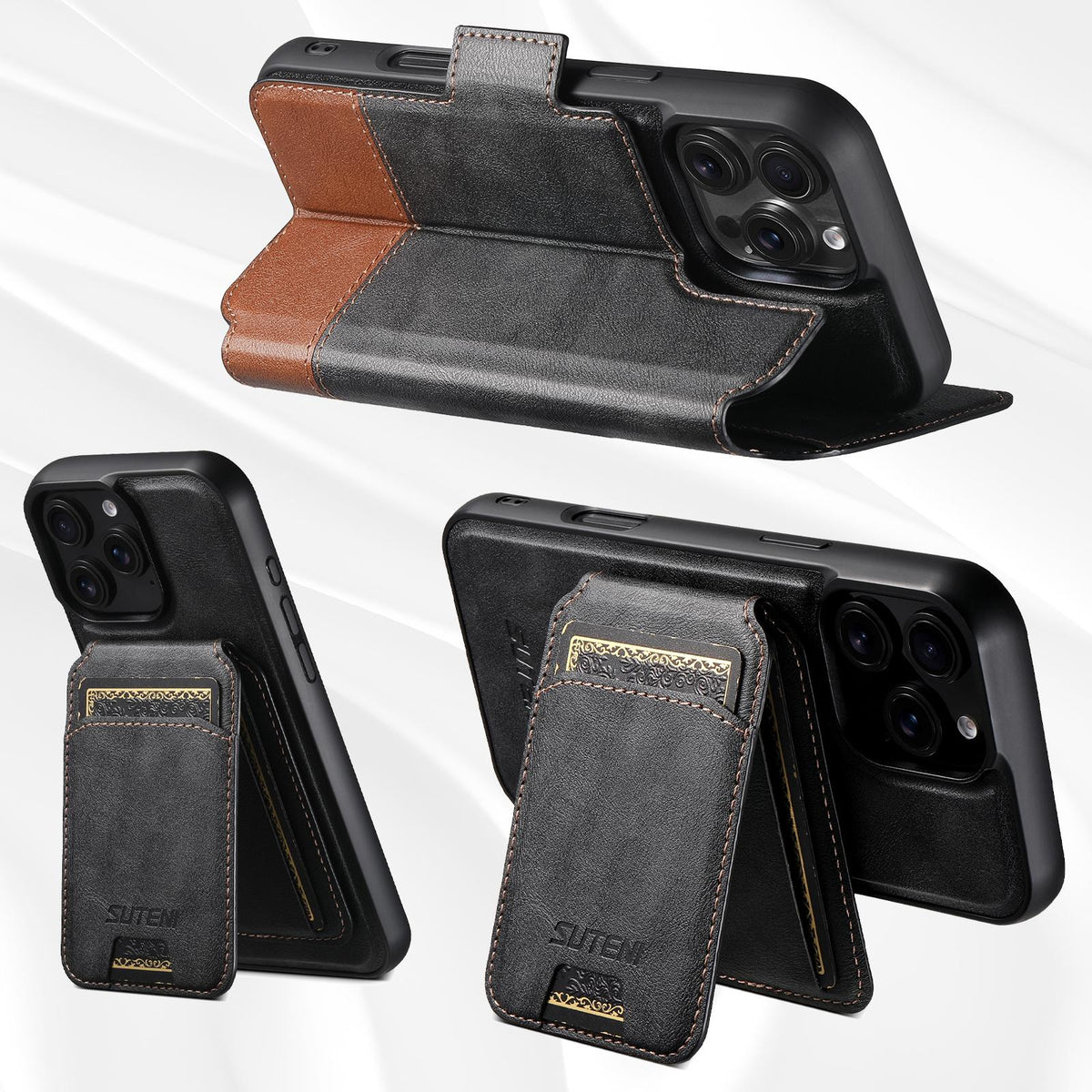 Compatible with iPhone 18 Pro Max Suteni Q06S2 3-in-1 Detachable Vertical Flip Wallet MagSafe Splicing Leather Phone Case - Black